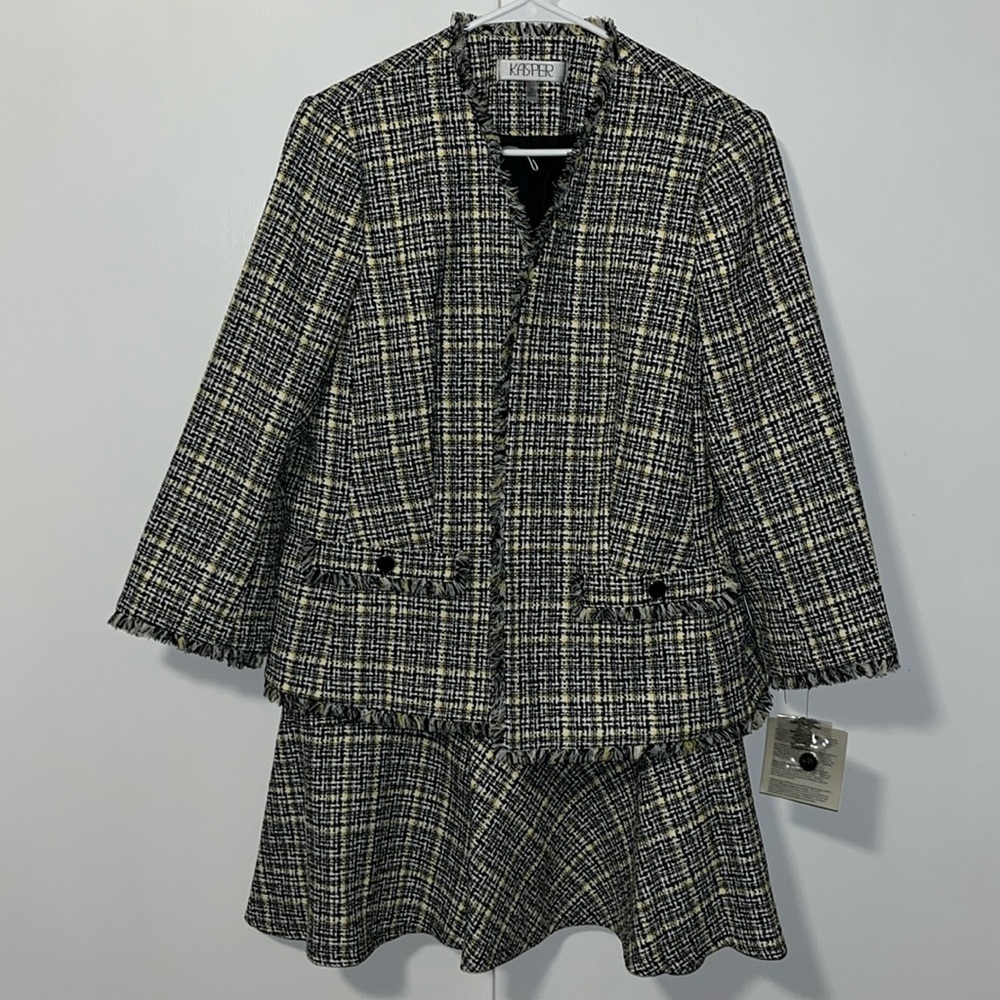 NWT Kasper Boucle Tweed Suit Skirt Set Jacket 12 & Flounce Pencil Skirt 14 Black